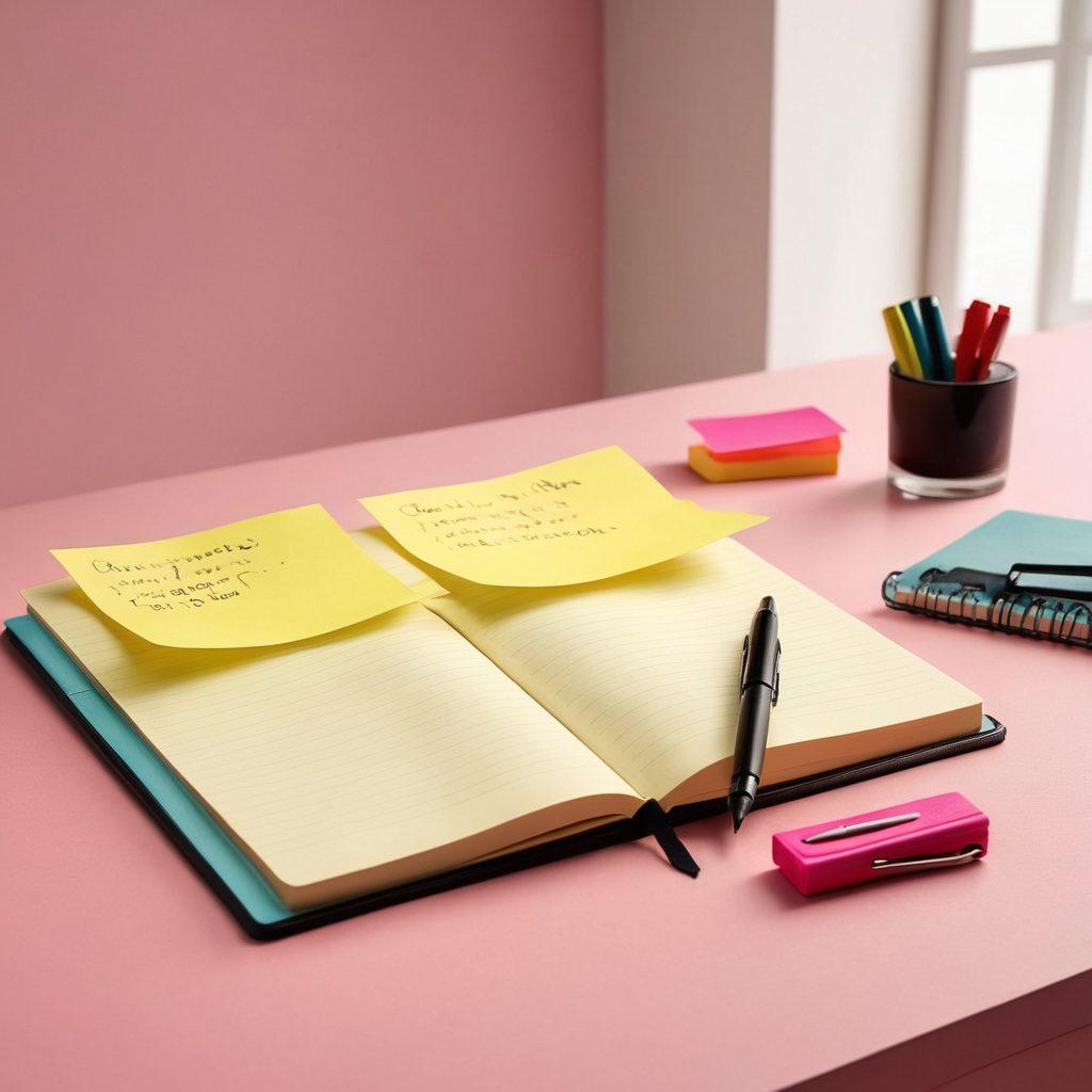 A sleek and minimalistic workspace featuring an open notebook with a fountain pen poised above it, symbolizing the art of concise writing. In the background, vibrant sticky notes with key phrases and a clock emphasizing time management for effective communication. Soft light illuminating the scene, creating a calm and focused atmosphere. super-realistic. vibrant colors. soft background.