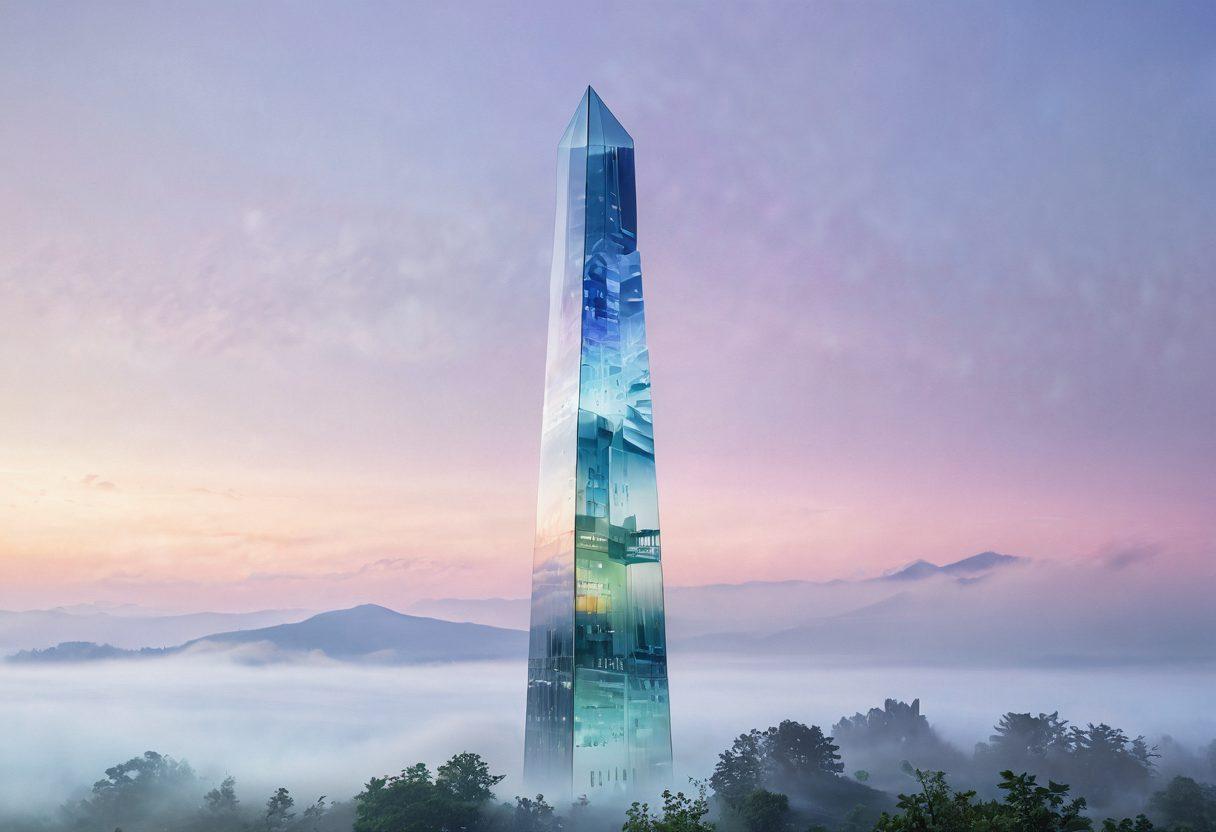 A powerful visual metaphor illustrating a crystal-clear glass tower rising above a foggy landscape, symbolizing clarity and succinctness. The tower is filled with vibrant, concise messages flowing like light, while surrounding elements are blurred, representing complexity. Pastel colors dominate, enhancing the sense of focus and simplicity. super-realistic. vibrant colors. soft background.